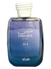 Rasasi Hawas ICE Perfume Spray for Him in a blue glass bottle, set against a snowy mountain backdrop.