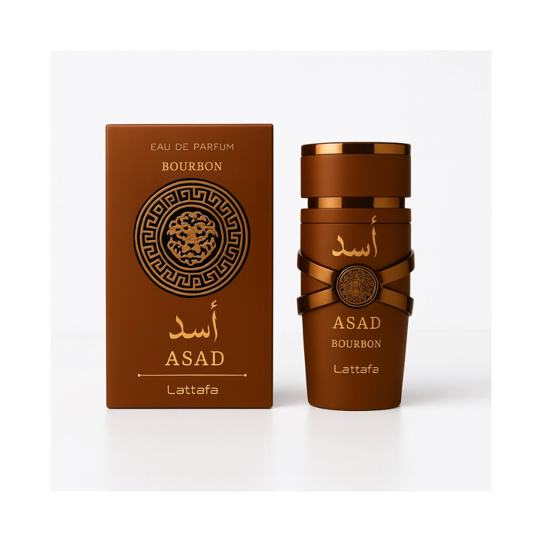 Asad Bourbon by Lattafa, 100ml EDP Spray for men, featuring elegant packaging and a sophisticated scent.