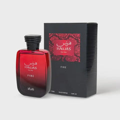 Rasasi Hawas Fire Perfume Spray 100ml for Him, featuring a bold red bottle and stylish packaging.