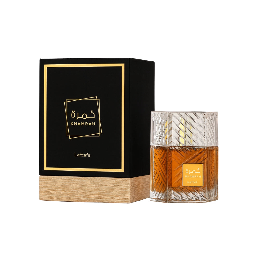 Khamrah Perfume Spray by Lattafa in elegant packaging, showcasing a luxurious scent of spices and sweetness.