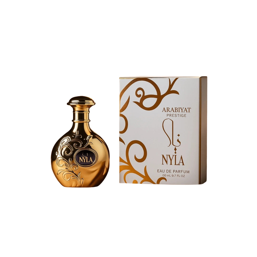Nyla by Arabyat Prestige unisex perfume spray 80ml with elegant golden bottle and packaging.