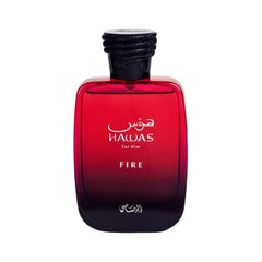 Rasasi Hawas Fire Perfume Spray 100ml bottle, featuring a red gradient design, perfect for him.