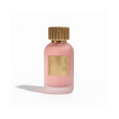 Qissa Pink Perfume 100ml bottle with golden cap and textured design.
