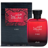 Rasasi Hawas Fire Perfume Spray 100ml bottle and box, featuring a bold red design for men.