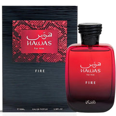 Rasasi Hawas Fire Perfume Spray 100ml bottle and box, featuring a bold red design for men.