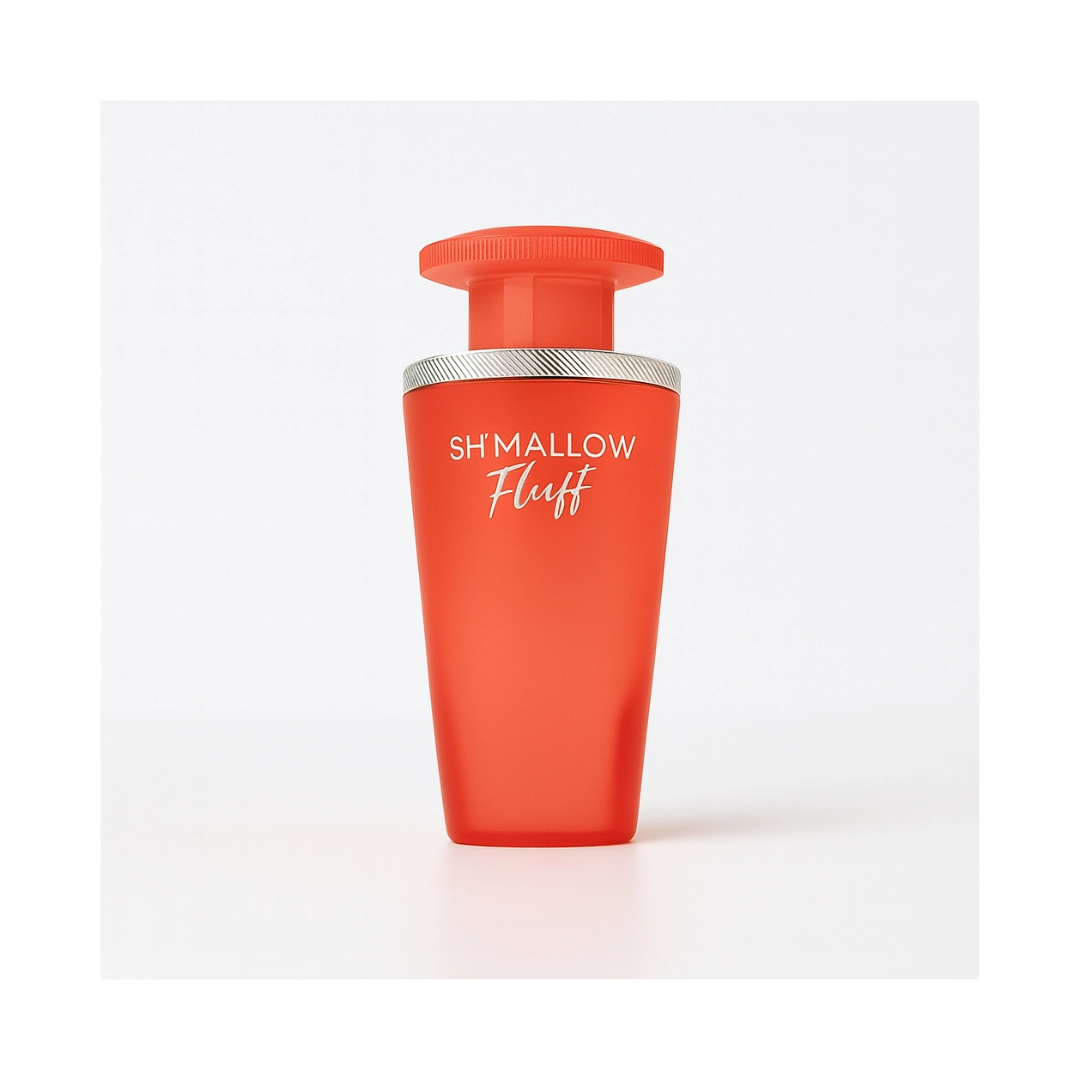 Sh'mallow Fluff Perfume bottle in bright orange, featuring a sleek design and silver accents.