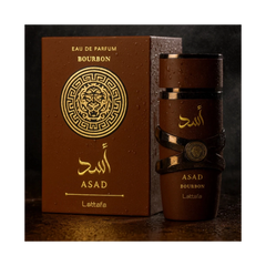 Asad Bourbon by Lattafa EDP spray in a stylish brown bottle and box, showcasing luxury fragrance for men.