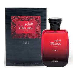 Rasasi Hawas Fire Perfume Spray 100ml in a stylish red bottle with box packaging.