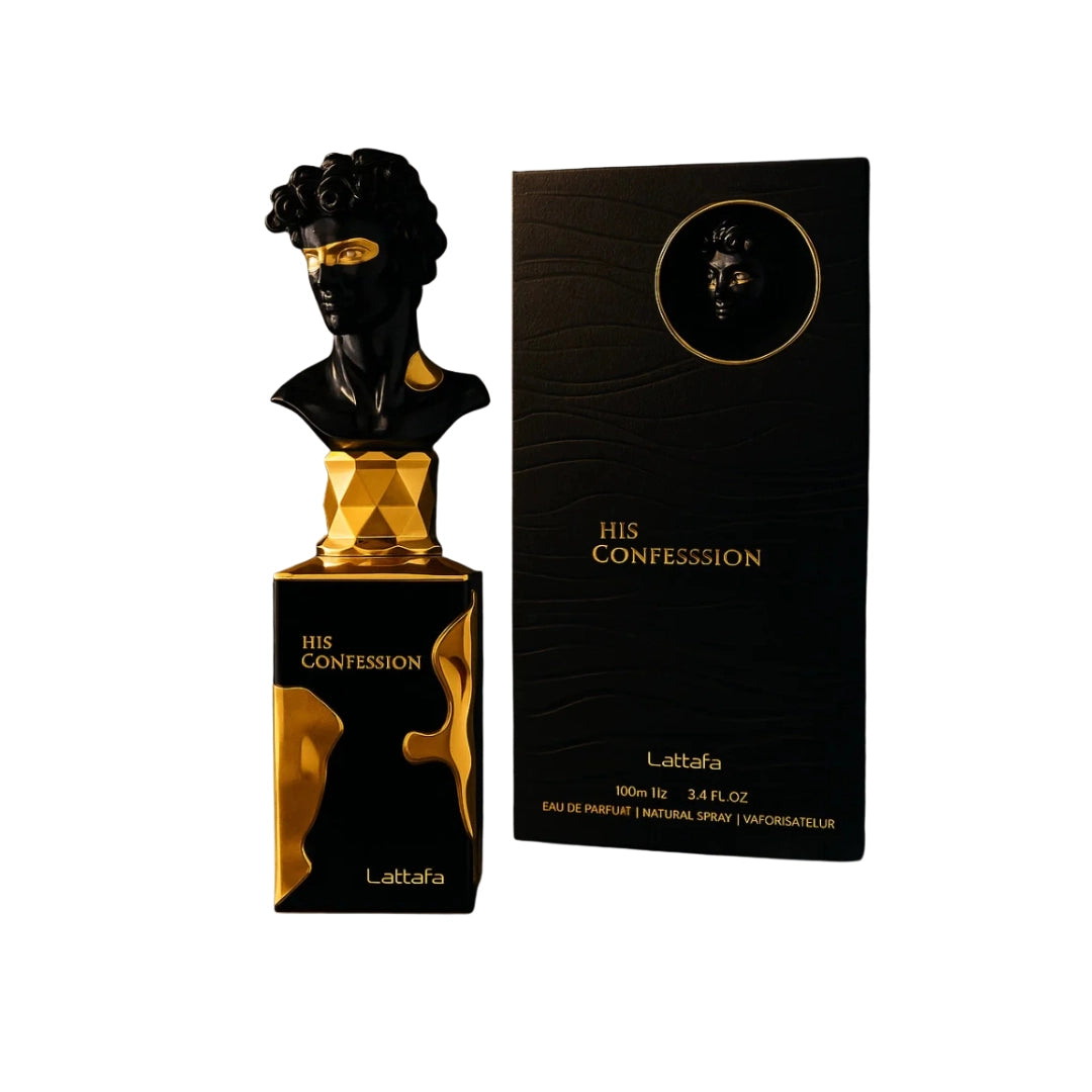 His Confession by Lattafa 100ml Eau de Parfum in an elegant bottle with a distinctive design.