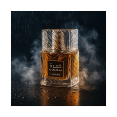 Khamrah Perfume Spray by Lattafa in an elegant bottle, showcasing its luxurious scent and design against a dark, misty background.