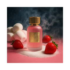 Qissa Pink Perfume 100ml EDP bottle surrounded by strawberries and marshmallows, creating a whimsical fragrance atmosphere.