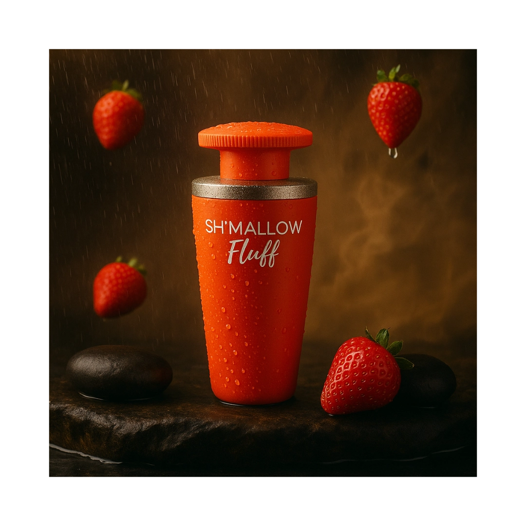 Sh'mallow Fluff perfume bottle with strawberries, showcasing its fruity and sweet fragrance appeal.