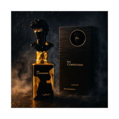 His Confession by Lattafa 100ml Eau de Parfum bottle and box in an elegant, dramatic setting.