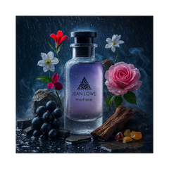 Jean Lowe Maitre 100ml EDP showcased with flowers, grapes, and stones, creating an elegant fragrance display.